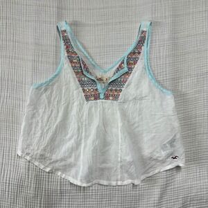 Hollister white colorful Sleeveless Shirt Tank Top Embroidered Boho Y2k Size M